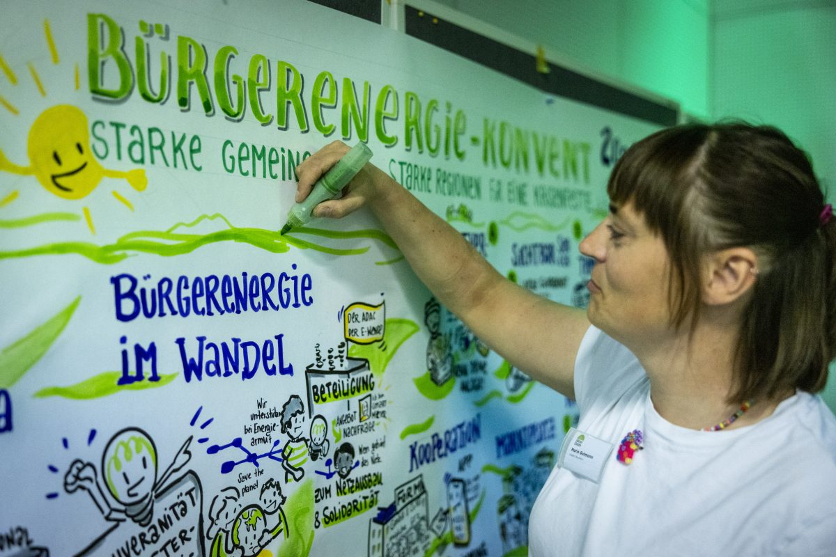 Die Graphic Recorderin visualisiert zentrale Inhalte und Diskussionen des Bürgerenergie-Konvents live auf großformatigen Illustrationen.